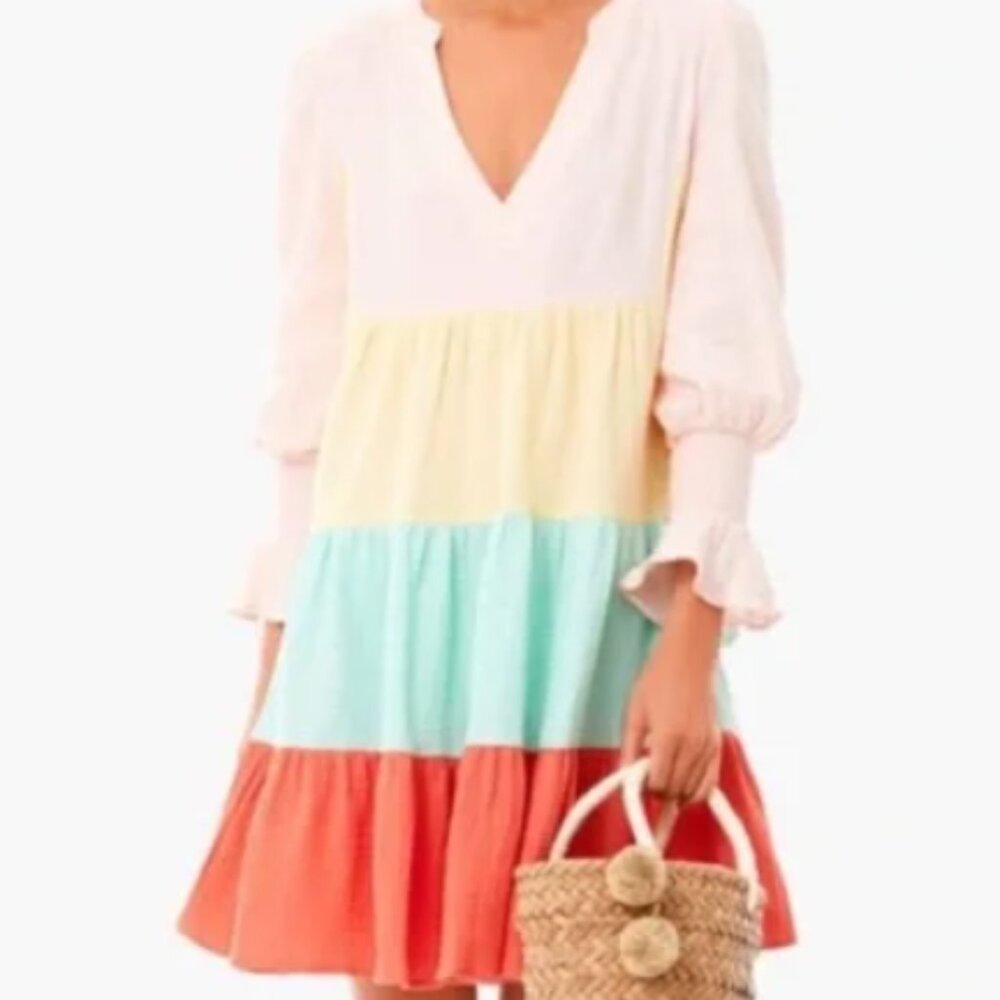 Pomander Place Colorblock Tiered Mini Dress in White, Yellow, Aqua & Coral